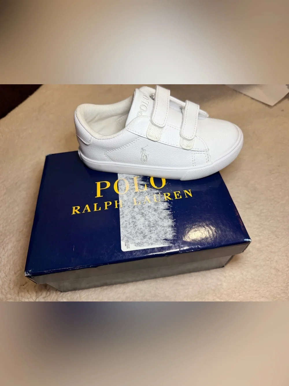 931. Unisex Ralph Lauren Kids White Double-Strap Velcro Sneakers